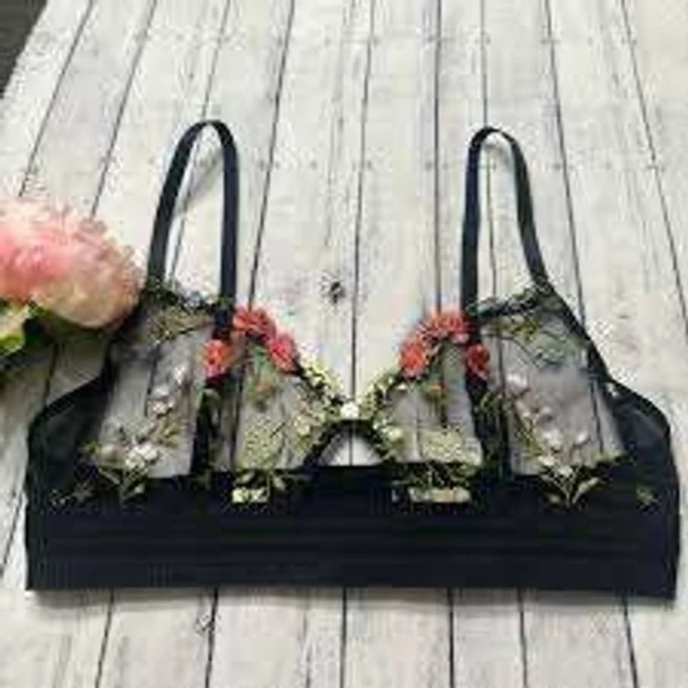 Anthropologie‎ Sheer Floral Embroidered Bralette Black Mesh Rosette Small NWT